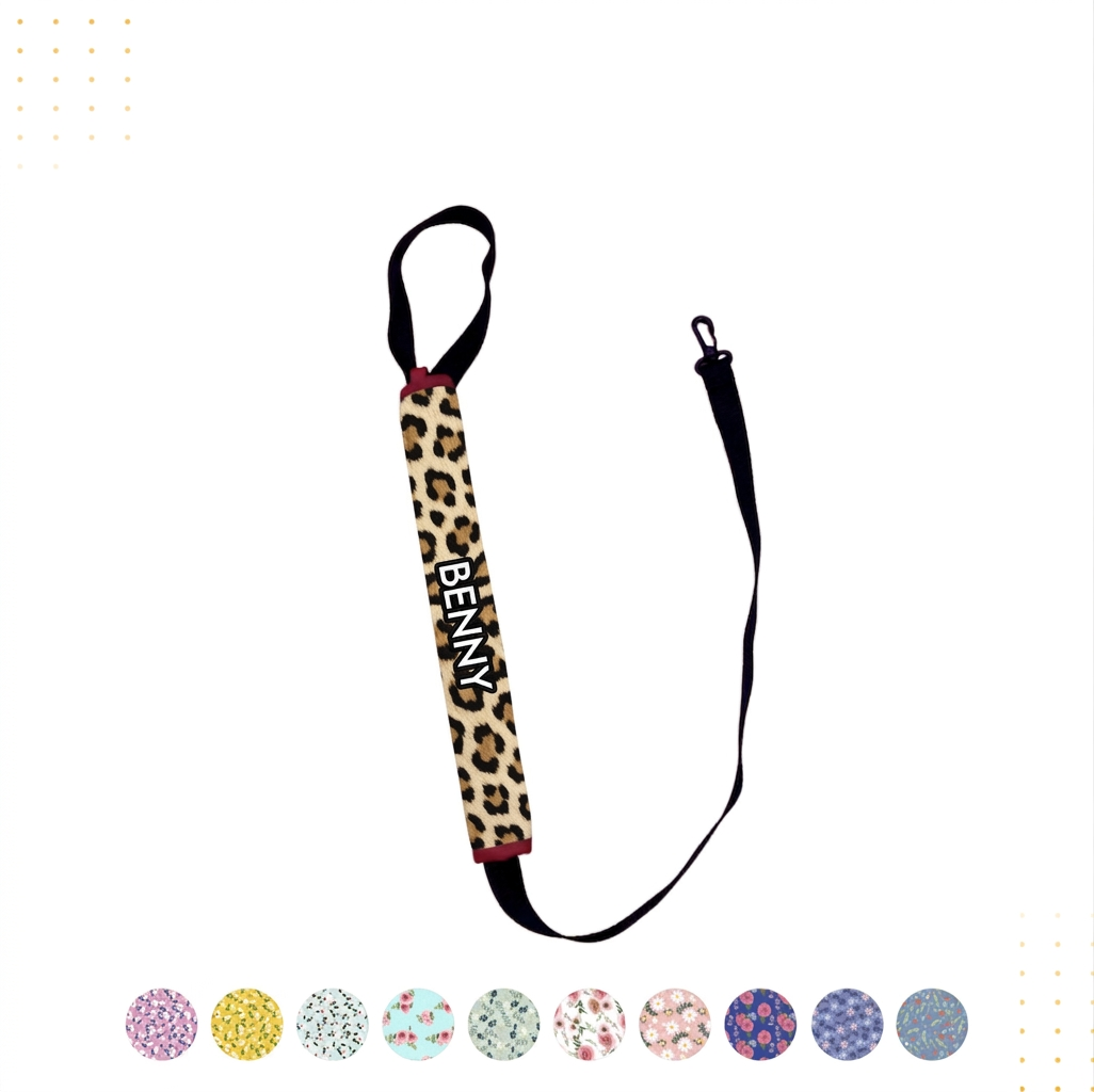 Lead Sleeve sublimation print example — leopard design on a personalised dog lead